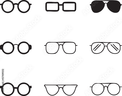 Vector illustration featuring a stylish eyeglasses icon set presenting different frame shapes and designs for fashionable accessories and eye protection in black and white