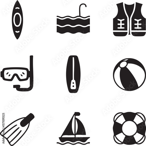 Water sports black and white icon set illustration kayak snorkel water ski life jacket beach ball and sailboat
