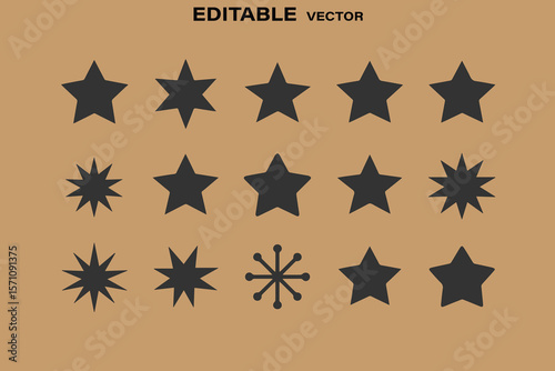 Collection of editable dark gray star shapes and starbursts on a light brown background