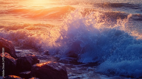 Golden hour surf: Ocean waves crashing over coastal rocks with vibrant light