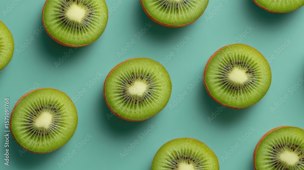 Fototapeta premium Grid pattern of kiwi slices on solid color background, overhead shot with copy space zone