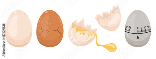 Chicken eggs of different colors, types, readiness and purpose. Breakfast set. Whole raw egg, cracked, broken with yolk leaking out, metal timer for boiling eggs. Vector drawing, isolated objects