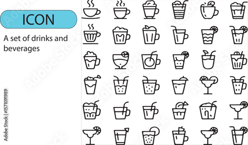 A set of various drinks and beverages editable line art icon