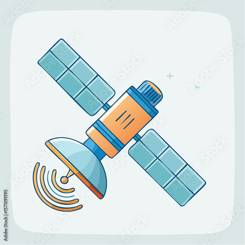 An orbiting satellite communication graphic features solar panels and radio waves for tech and science applications in various industries.