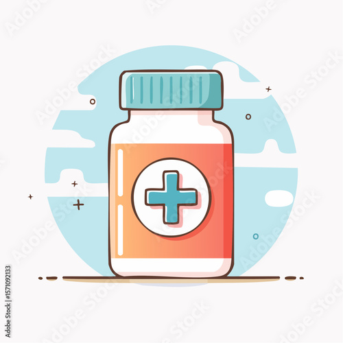A charming bottle of medicine with a plus sign, perfect for healthcare, pharmaceutical or wellness designs, and use for any medical graphic.