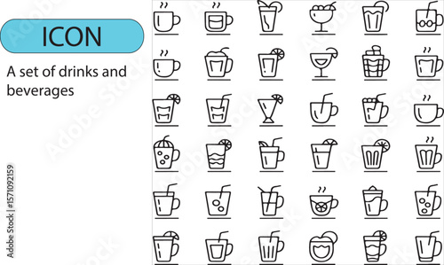 A set of various drinks and beverages editable line art icon