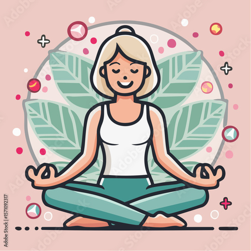 Serene woman in lotus position is practicing meditation and relaxation, making it a perfect element for wellness and mindful designs.