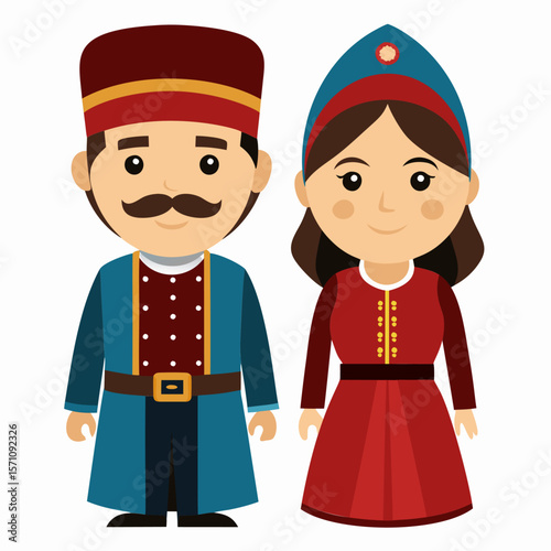 Traditional Clothing of Central Asia.  A Colorful Illustration of a Man and Woman in National Dress