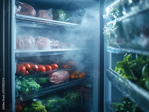 Deep freezer packed with vacuum-sealed meats and fresh vegetables home kitchen food storage indoor close-up view preservation concept