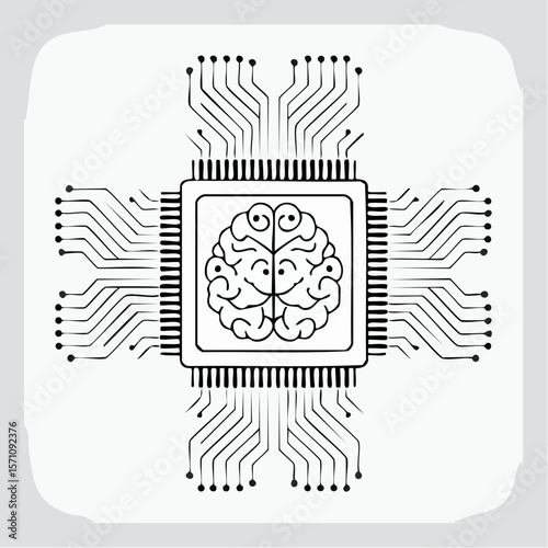 Artificial intelligence design with a stylized brain inside a computer chip, reflecting modern technology and future innovation.