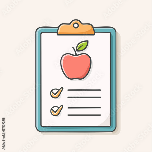 Red apple graphic on a clipboard with checkmarks, great for wellness themes, diet tracking, or healthy eating designs.