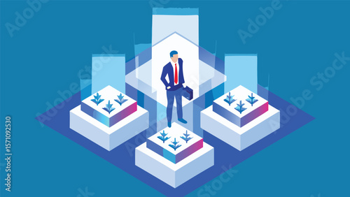 Isometric illustration of a businessman standing on a platform surrounded by plant cubes and light beams
