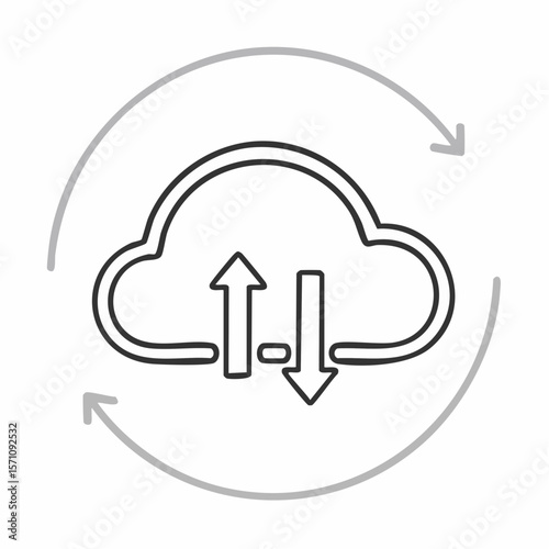 Simple cloud data transfer, update and synchronization process outline graphic for technology or computer related design projects.