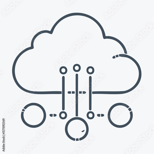 Sketch style cloud graphic with connections, suitable for use in data solutions or networking presentations with modern technology themes.