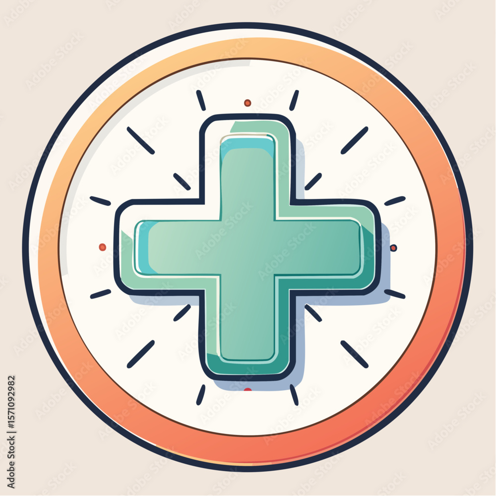 Obraz premium Teal plus symbol encased in an orange circle, a medical themed graphic element perfect for health care or pharmaceutical designs.