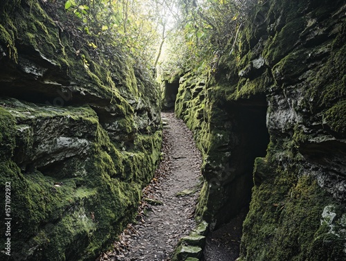Exploring a secluded pathway in a hidden alley nature trail moss-covered serene environment ground-level perspective