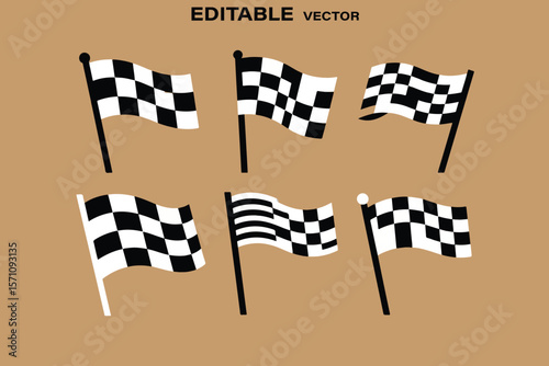 Collection of six checkered racing flags and one striped flag waving on poles against a plain background