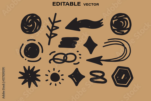 Collection of hand drawn black abstract shapes arrows and symbols on a light brown background editable vector