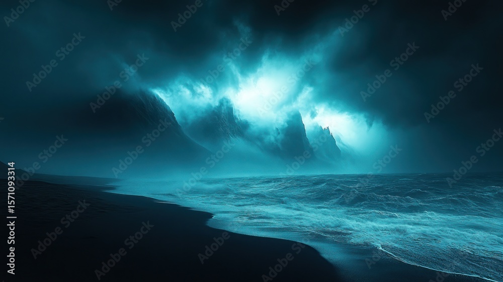Fototapeta premium Dramatic coastal scene under a stormy sky. Vast, dark, volcanic landscape meets a powerful, turquoise ocean. A mystical, otherworldly atmosphere
