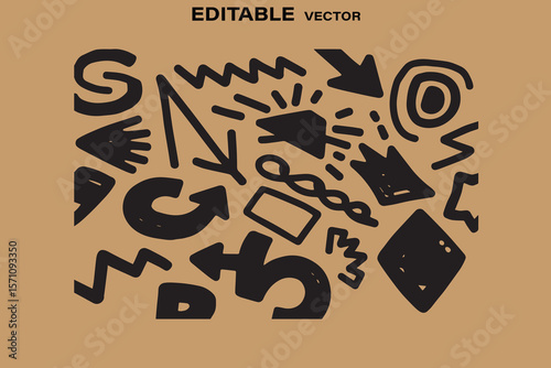 Collection of hand drawn black doodle shapes and arrows on a textured brown background editable vector