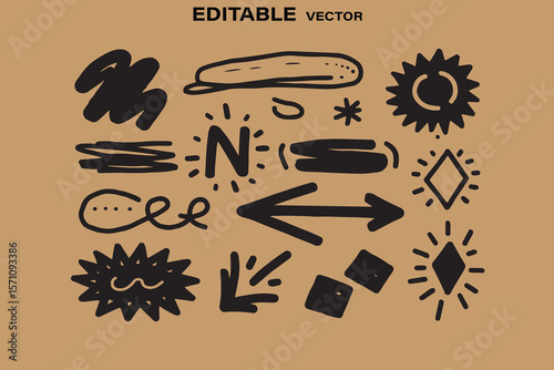 Collection of hand drawn black graphic elements and symbols on a light brown background editable vector