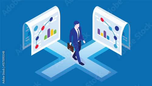 Isometric businessman walking on a crossroad with reports showing data charts and graphs displayed around him