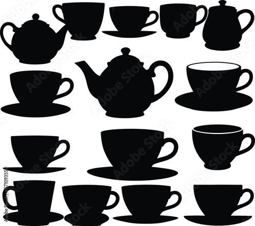 Elegant Teapot & Teacup Silhouettes Collection: Diverse set of classic and modern teapots and teacups with saucers, ideal for cafe, kitchen, and beverage designs.