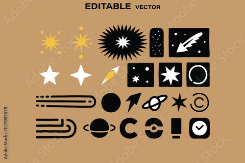 Collection of editable vector icons featuring stars planets rockets and abstract shapes on a brown background