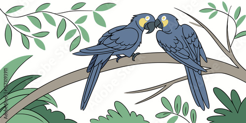 Pair of Black Hyacinth Macaws perched closely on a branch, displaying affection vector illustration.