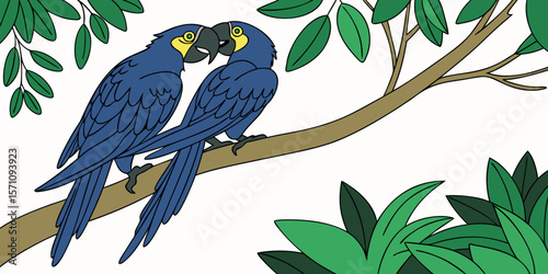 Pair of Black Hyacinth Macaws perched closely on a branch, displaying affection vector illustration.