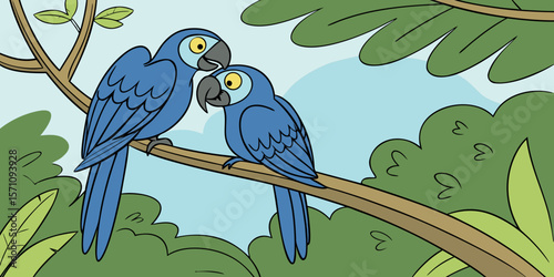 Pair of Blue Hyacinth Macaws perched closely on a branch, displaying affection vector illustration.