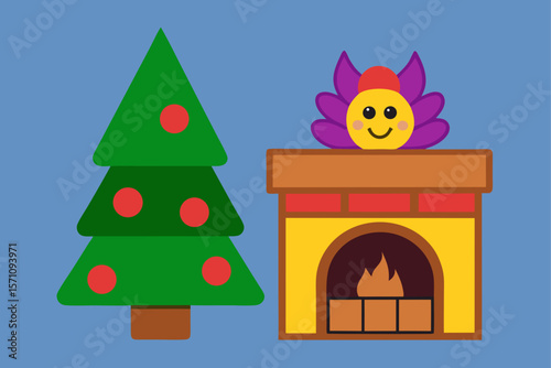 Christmas Fireplace And Decorated Tree Vector Illustration