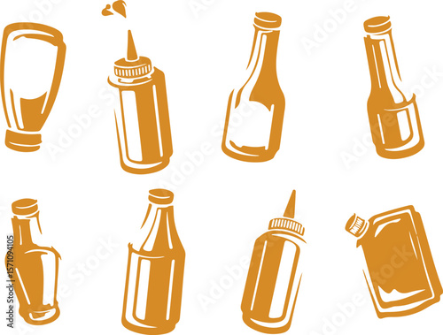 Sauce Bottle Vector Set – Ketchup, Mustard, BBQ, Hot Sauce, Condiments, Food, Icon, Flavor, Illustration, Kitchen

