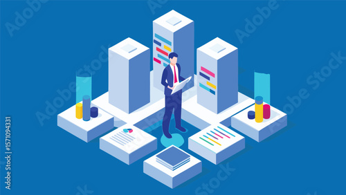 Isometric illustration of a businessman analyzing data with servers and reports around him