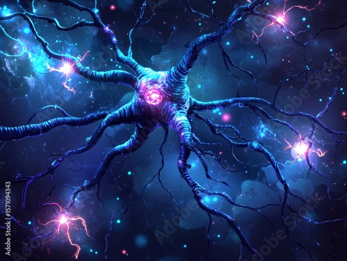 Neuron cell interaction abstract digital art science concept vibrant colors surreal environment