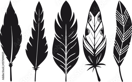 Boho Feather Silhouette Set – 6 Feather Designs in Vector Style
