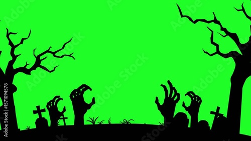 Halloween background with a spooky tree and a zombie hand crawling out, bats flying, and green screen animation.