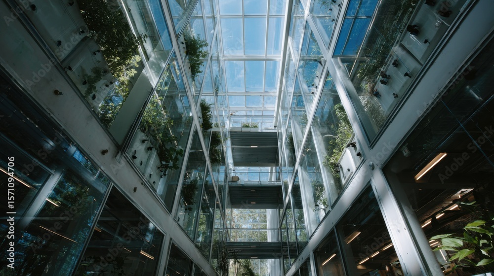 Obraz premium Innovative green architecture urban botanical space glass structure modern environment upward perspective sustainability concept