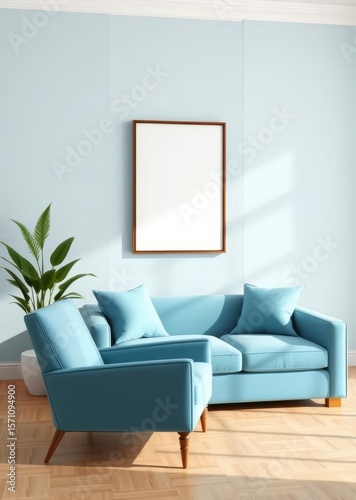 Wallpaper Mural Vibrant light blue sofa and chair near wall with poster frame indian interior design of modern living room Empty room interior design architecture blank design room Torontodigital.ca