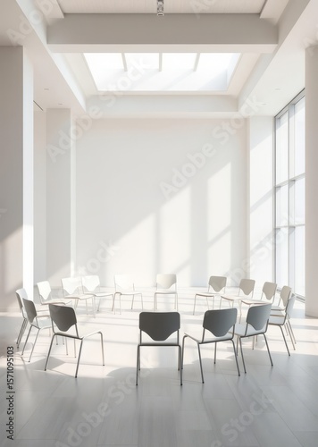 A circle of empty chairs stands in a bright room bathed in sunlight inviting conversations or a collaborative meeting Empty room interior design architecture blank design room