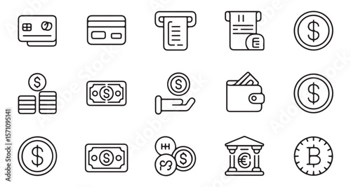 Diverse Depiction of Money and Payment Methods Line Art Illustrating