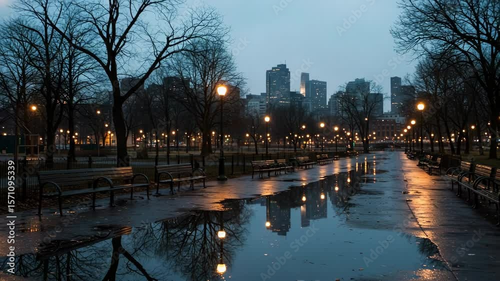  Wet city park path lined with illuminated streetlights and empty benches at dusk, reflecting city lights and creating a quiet, atmospheric urban scene 