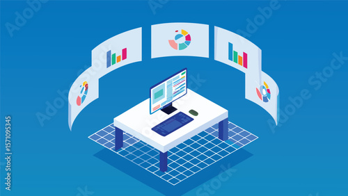 Isometric view of a desk with computer surrounded by data visualization charts and graphs displayed