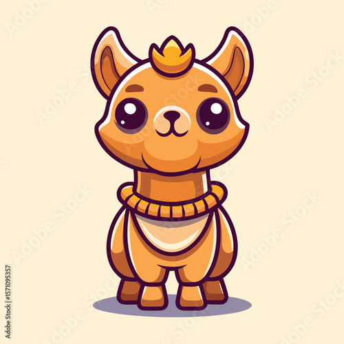 Adorable, regal llama character with a golden crown and collar