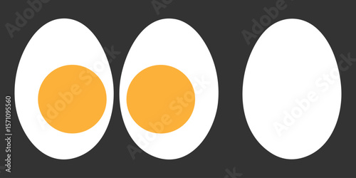 Egg icon vector. Boiled egg flat vector illustration. Boiled egg cut in half. Egg icon related to protein source, meal planning, food. Egg yolk vector icon Chicken boiled eggs. Vector illustration.