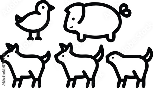 Simple outline icons of a piglet and four chickens on a white background
