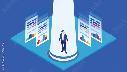 Isometric view of a businessman standing in spotlight surrounded by data charts and graphs on screens