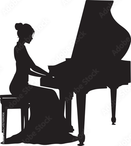 Woman Sitting and Playing Grand Piano Silhouette on Transparent Background