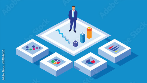 Isometric businessman standing in a data room surrounded by charts and graphs in a blue environment