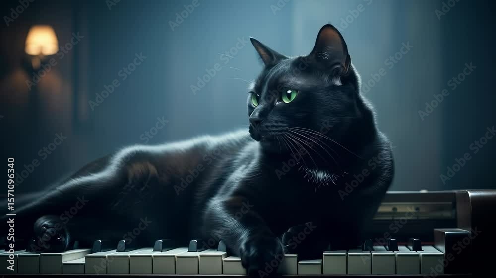 elegant black cat with striking green eyes rests gracefully on a classic piano keyboard.